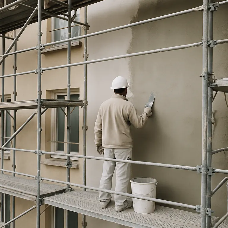 Illustration d’un travail d’enduit de façade sur échafaudage